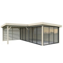 Pavillon de jardin en bois brut 34,6m² Lenna - madriers 28mm - terrasse 9m² avec parois à ventelles - Palmako