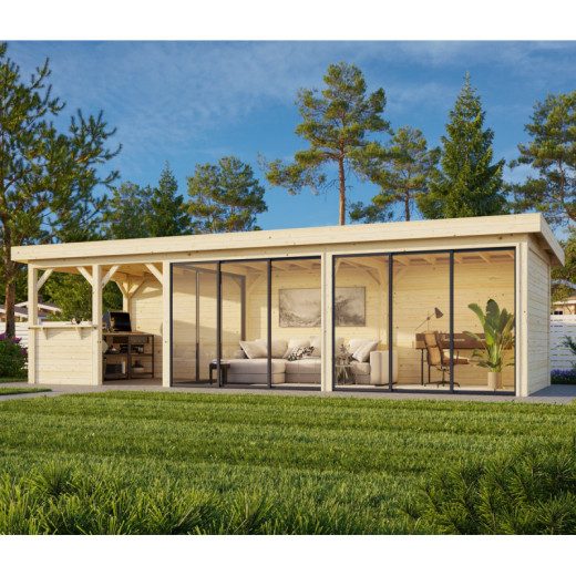 Pavillon de jardin en bois brut 876x300cm Lenna - madriers 28mm - terrasse 9m² avec comptoir - Palmako