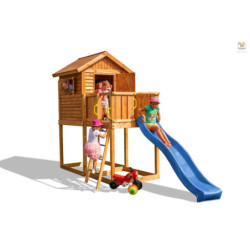 Cabane pour enfants en bois séché lasuré - toboggan bleu - MY HOUSE - FUNGOO