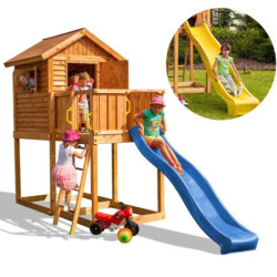 Cabane pour enfants en bois séché lasuré - toboggan jaune - MY HOUSE - FUNGOO