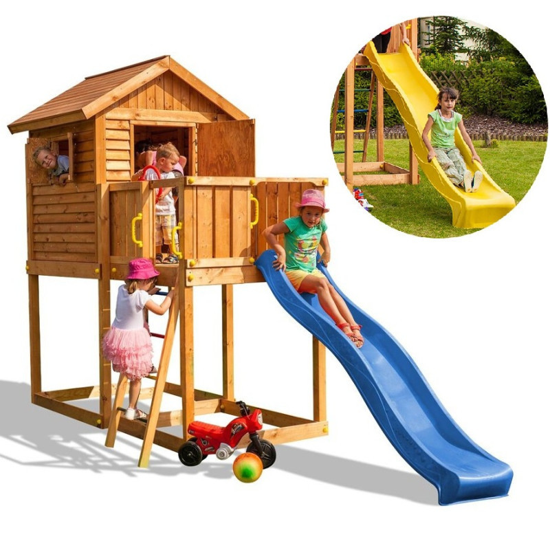 Cabane pour enfants en bois séché lasuré - toboggan jaune - MY HOUSE - FUNGOO