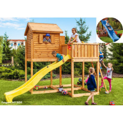 Cabane pour enfants en bois séché lasuré - toboggan bleu MY SIDE - FUNGOO