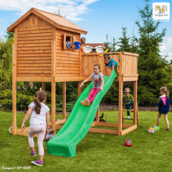 Cabane pour enfants en bois séché lasuré - toboggan vert MY SIDE - FUNGOO