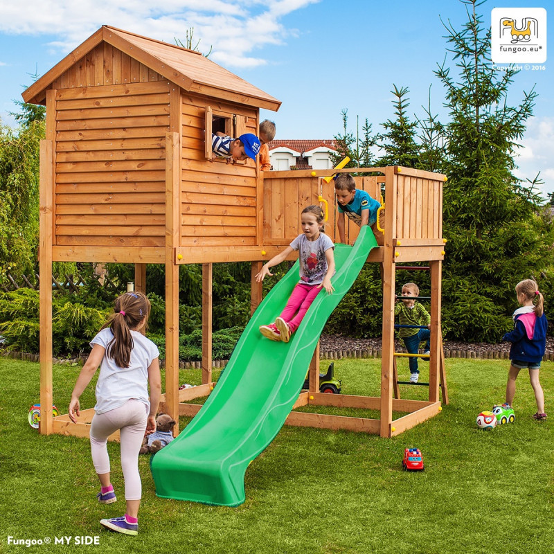 Cabane pour enfants en bois séché lasuré - toboggan vert MY SIDE - FUNGOO