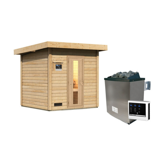 Sauna d’extérieur en bois brut Hytti 2 - 4 places 38mm - poêle 9KW ctrl externe - KARIBU