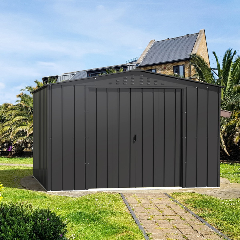 Abri de jardin gris en métal imitation bois 7,75m² sécurisé - Duramax