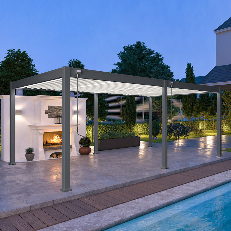 Pergola autoportante en alu gris avec lames blanches 4x6m Ombrea