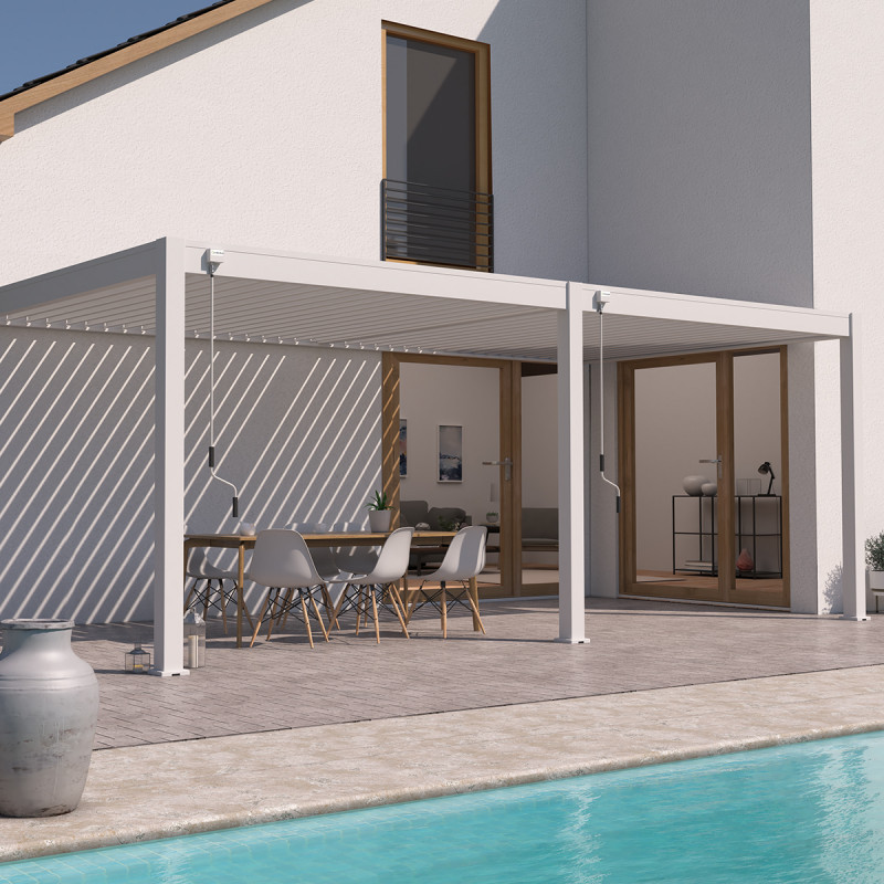 Pergola adossée en alu blanc avec lames orientable 3x6m Ombrea