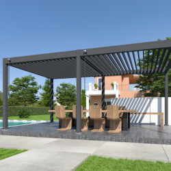Pergola autoportante en alu gris avec 2 stores gris 3x6m Ombrea