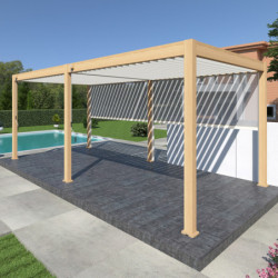 Pergola autoportante en alu bois, lames et 2 stores blanc 3x6m Ombrea