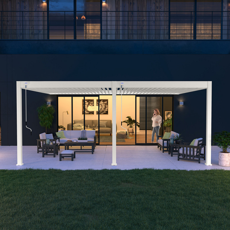 Pergola adossée en alu blanc - lames et 2 stores blanc - 4x6m Ombrea