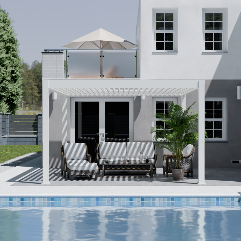 Pergola motorisée en alu blanc avec lames orientable 4x4m Ombrea