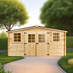 Abri en bois massif 12m² – madriers 28mm + couverture plaques ondulées