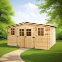Abri en bois massif 12m² – madriers 28mm + couverture plaques ondulées