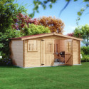 Abri en bois massif 12m² – madriers 28mm + couverture plaques ondulées
