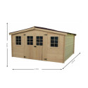 Abri en bois massif 12m² – madriers 28mm + couverture plaques ondulées