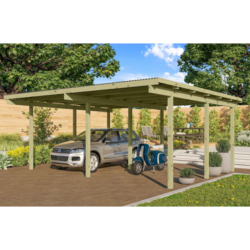 Carport double en pin autoclave avec toit PVC 27,58m² - Karibu
