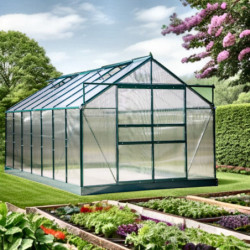 Serre de jardin 10,37m² verte en polycarbonate 6mm + base - Habrita
