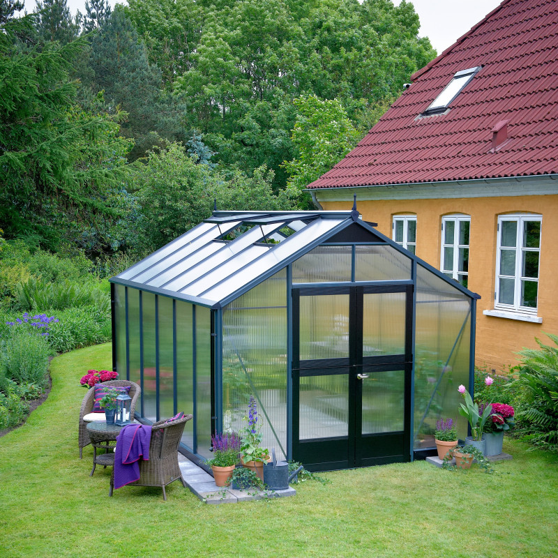 Serre de jardin 10,9 m² anthracite en polycarbonate 10mm Premium – Juliana