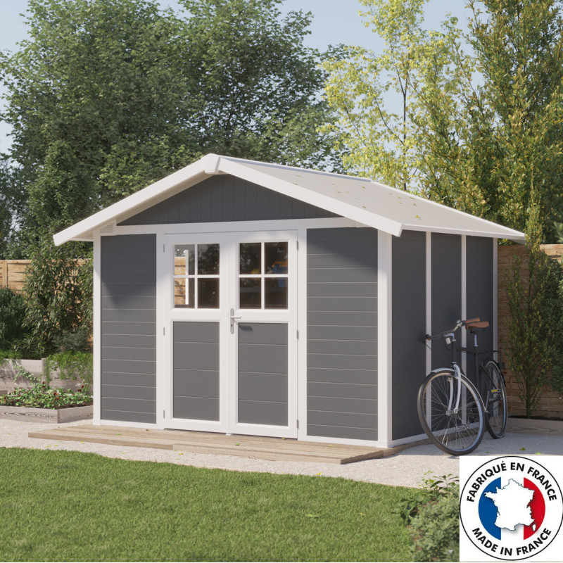 Abri de jardin en PVC 7,5m² DECO gris foncé et blanc Grosfillex + kit ancrage offert