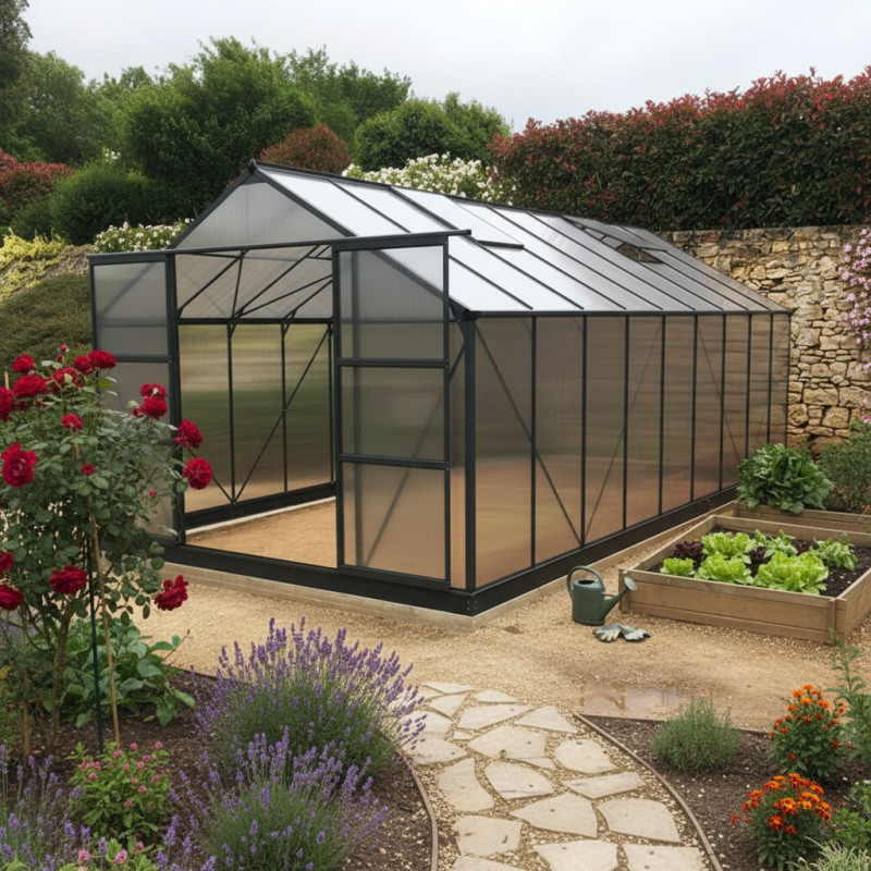 Serre de jardin 16,9m² anthracite en polycarbonate 4mm + embase Green Protect