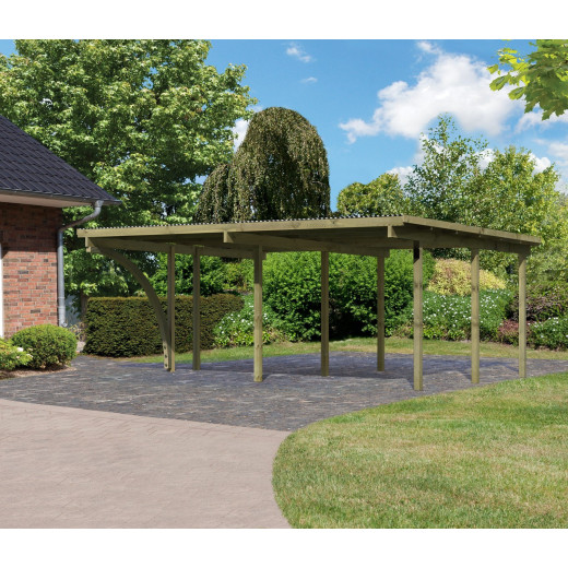 Carport double en pin autoclave avec toit PVC 27,58m² + 1 arc d'entrée - Karibu