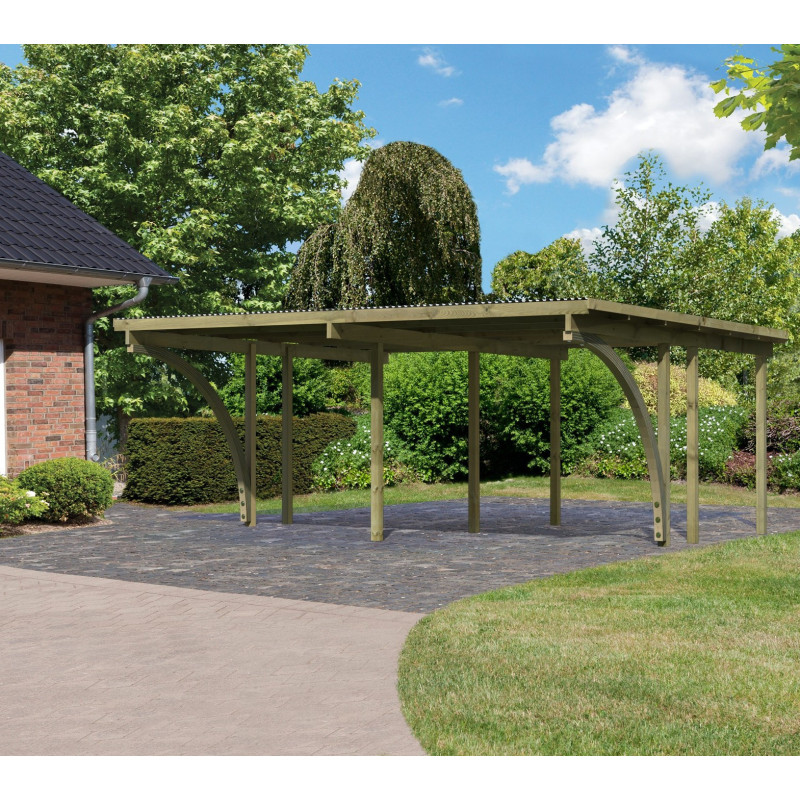Carport en pin autoclave avec toit PVC 27,58m² + 2 arcs d'entrée Karibu