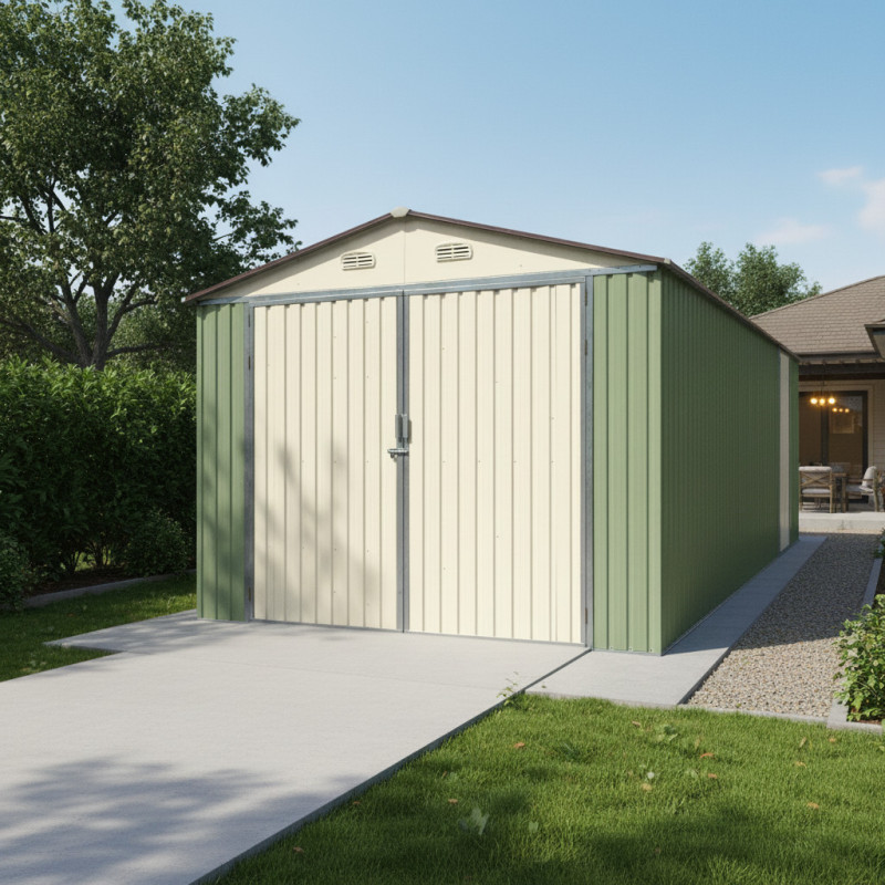 Garage double portes vert pâle et crème 18m² + kit d'ancrage X-METAL