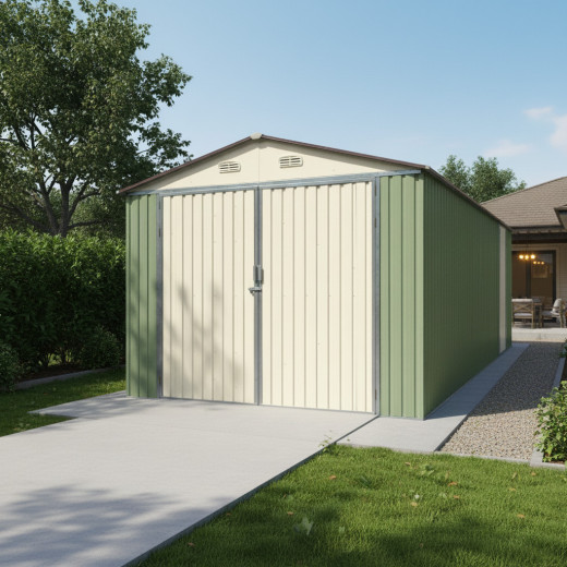 Garage double portes vert pâle et crème 18m² + kit d'ancrage X-METAL