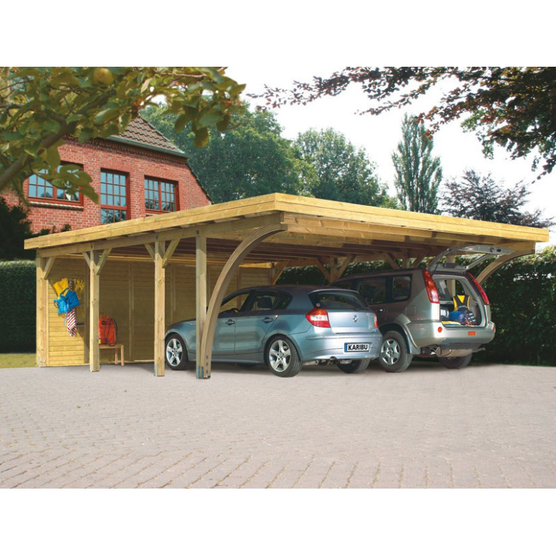 Carport pin autoclave 40,2m² Classic Double 2 + toit acier + 2 arcs Karibu