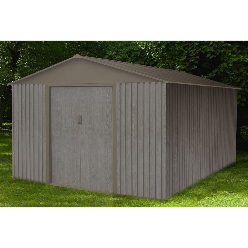 Abri de jardin métal 13,51m² imitation bois vieilli