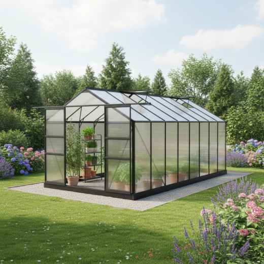 Serre de jardin 15,03m² anthracite PC 4mm + embase Green Protect