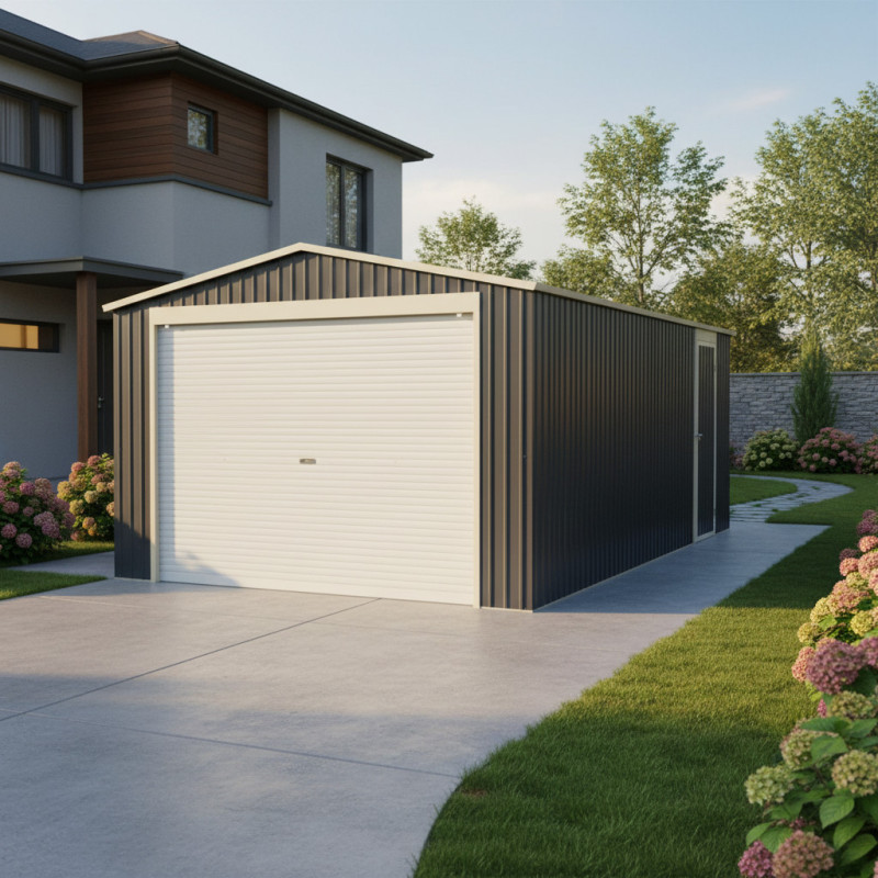 Garage métal PLUS anthracite porte enroulable + kit d'ancrage X-METAL