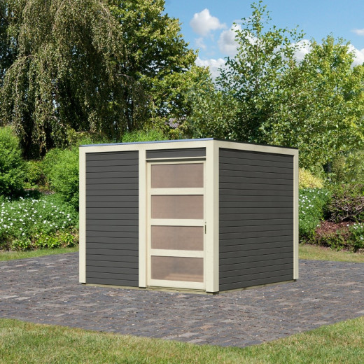 Abri toit plat Qubic de 6.05m² en bois vitrifié gris 19mm - Karibu