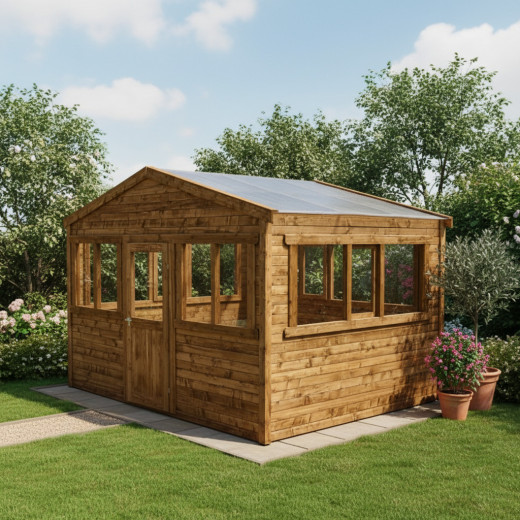 Serre de jardin en bois madriers 28mm traité marron 12m² - Gardy Shelter