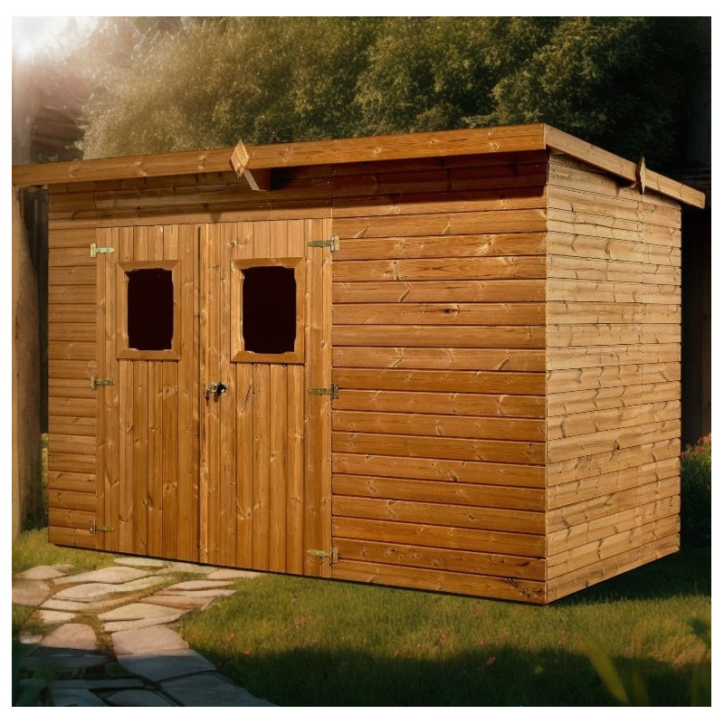 Abri Theora 7,33m² en bois thermo traité et toiture en acier HABRITA	