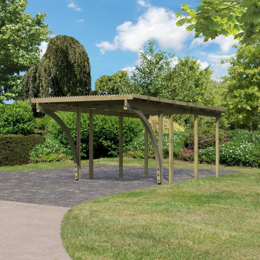 Carport en pin autoclave avec toit PVC 20,5m² + 2 arcs d'entrée - Karibu