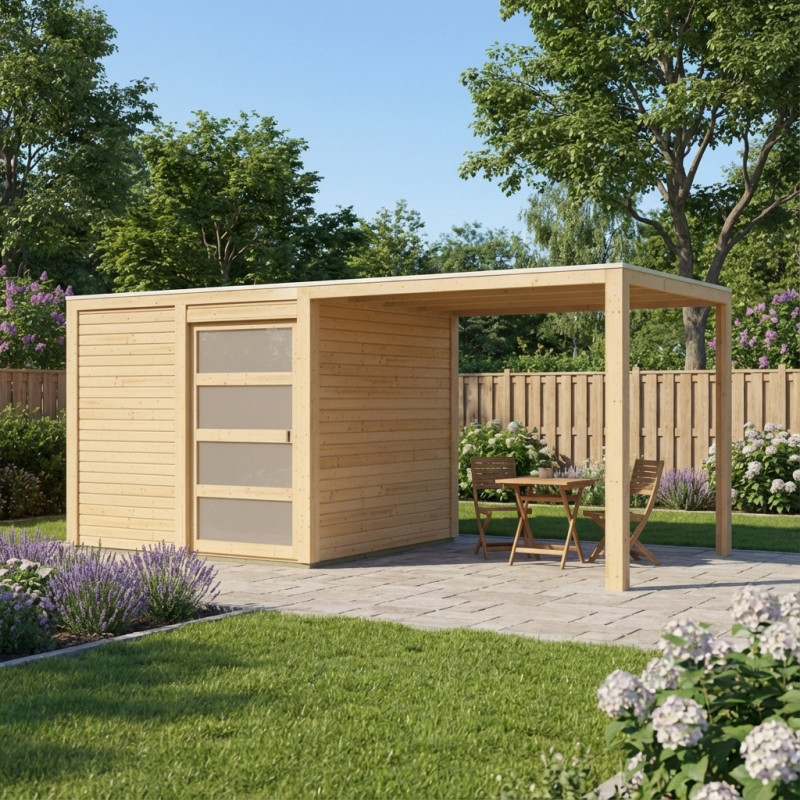 Abri toit plat en bois massif 19mm Qubic 6,05m² + appentis 5,6m² - Karibu