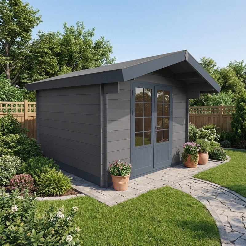 Abri de jardin en bois composite 28mm gris foncé 9m² double porte alu et double vitrage - Woodlife Garden