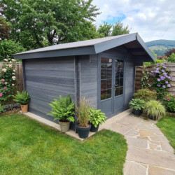 Abri de jardin en bois composite 28mm gris foncé 14,44m² double porte alu et double vitrage - WoodLife Garden