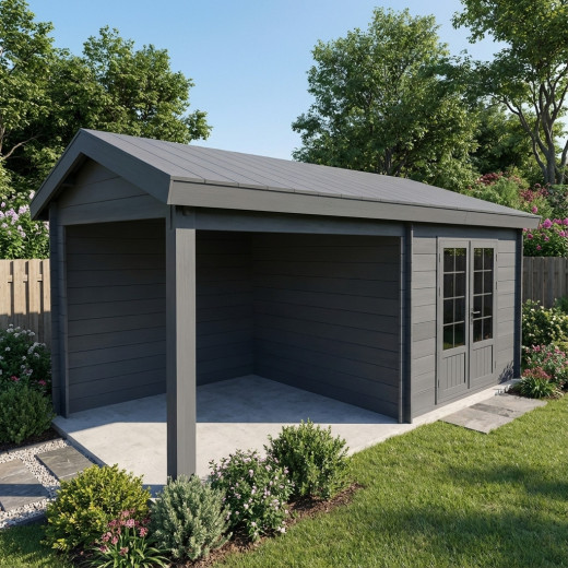 Abri de jardin en bois composite gris foncé 9m² + 9m² terrasse - Woodlife Garden