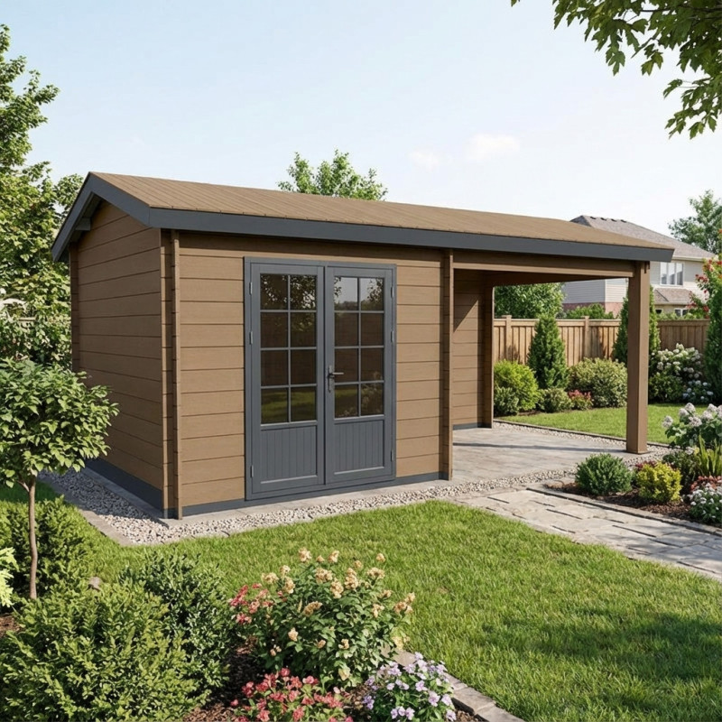 Abri de jardin en bois composite bois vieilli 9m² + 9m² terrasse - Woodlife Garden