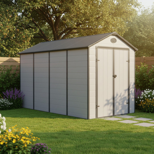 Abri de jardin en résine gris 6,99m² + kit de fondation - JOBU