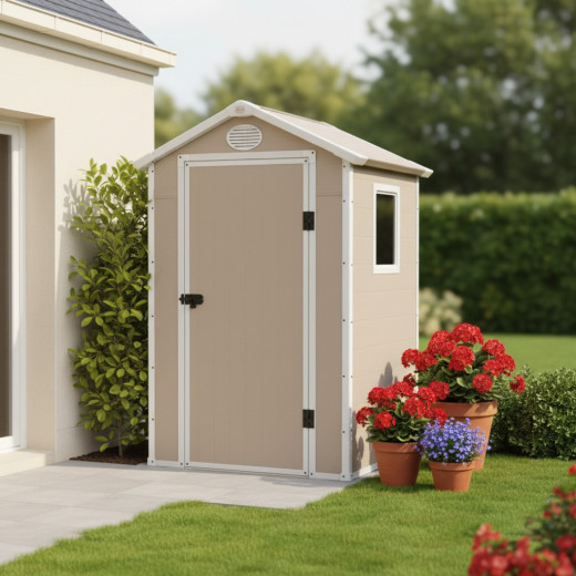 Petit abri de jardin en résine beige 1,34m² + kit de fondation - JOBU