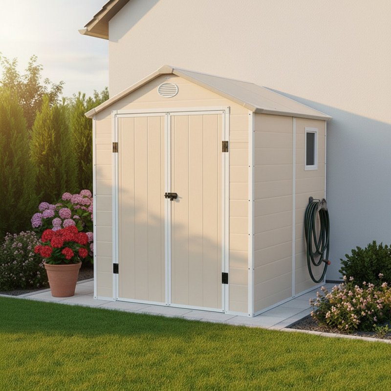 Abri de jardin en résine beige 3,65m² + kit de fondation - JOBU