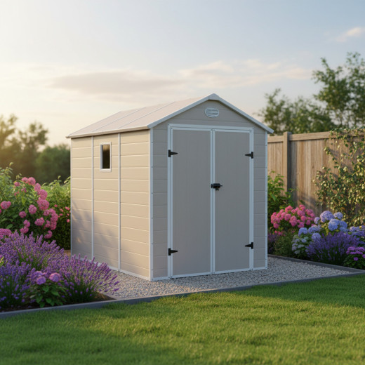 Abri de jardin en résine beige 5,32m² + kit de fondation - JOBU