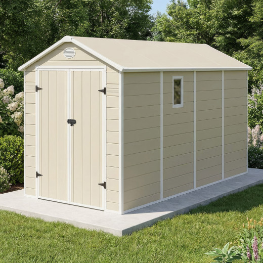 Abri de jardin en résine beige 6,99m² + kit de fondation - JOBU