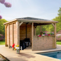 Pool house en bois thermo traité 12,31m² BLUETERM, 2 parois avec ventelles et 2 parois avec comptoirs - HABRITA