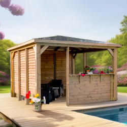Pool house en bois thermo traité 12,31m² BLUETERM, 2 parois avec ventelles et 2 parois avec comptoirs - HABRITA