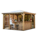 Pool house en bois thermo traité 12,31m² BLUETERM, 2 parois avec ventelles et 2 parois avec comptoirs - HABRITA